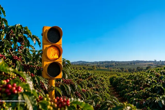 Sinaleiro amarelo com luz âmbar mostrando ícone de termômetro entre fileiras de cafezal com frutos vermelhos sob céu azul
