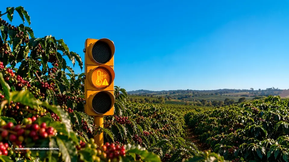 Sinaleiro amarelo com luz âmbar mostrando ícone de termômetro entre fileiras de cafezal com frutos vermelhos sob céu azul