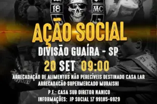 Cartaz promocional com logotipo do Insanos MC, texto 'AÇÃO SOCIAL', data 20 SET 09:00 e detalhes sobre arrecadação de alimentos