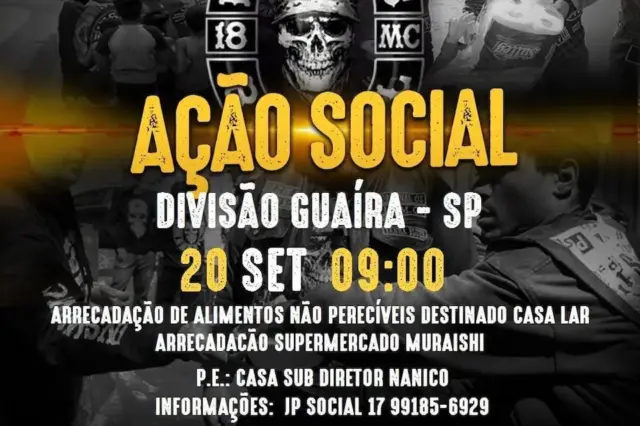 Cartaz promocional com logotipo do Insanos MC, texto 'AÇÃO SOCIAL', data 20 SET 09:00 e detalhes sobre arrecadação de alimentos