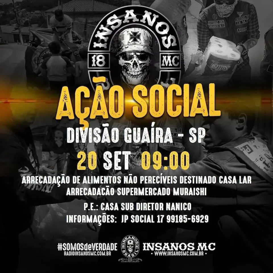 Cartaz promocional com logotipo do Insanos MC, texto 'AÇÃO SOCIAL', data 20 SET 09:00 e detalhes sobre arrecadação de alimentos