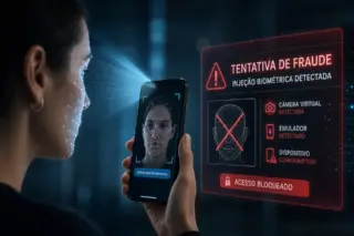 Pessoa segurando smartphone com rosto sendo escaneado por autenticação facial e painel holográfico indicando tentativa de fraude