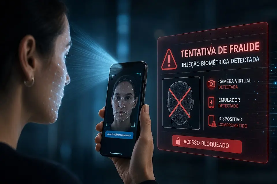 Pessoa segurando smartphone com rosto sendo escaneado por autenticação facial e painel holográfico indicando tentativa de fraude