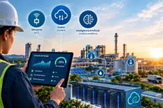 Profissional com capacete e colete segurando tablet com painel de consumo de energia, frente a uma planta industrial com servidores, painéis solares e caminhões, sobreposição de ícones de sensores, nuvem e IA