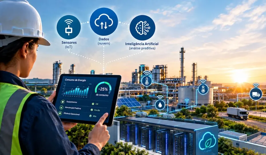 Profissional com capacete e colete segurando tablet com painel de consumo de energia, frente a uma planta industrial com servidores, painéis solares e caminhões, sobreposição de ícones de sensores, nuvem e IA