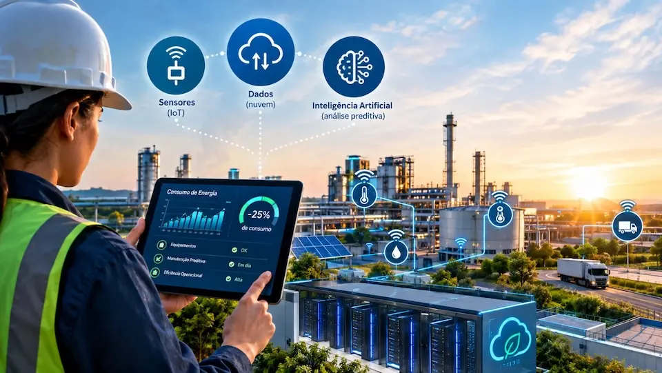 Profissional com capacete e colete segurando tablet com painel de consumo de energia, frente a uma planta industrial com servidores, painéis solares e caminhões, sobreposição de ícones de sensores, nuvem e IA