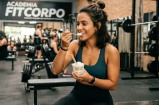 mulher jovem sentada em banco de academia, vestindo roupa de treino, segurando copo de sorvete e levando colher à boca