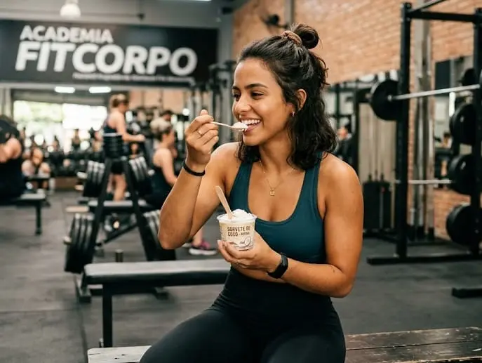mulher jovem sentada em banco de academia, vestindo roupa de treino, segurando copo de sorvete e levando colher à boca