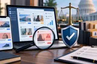 computador e smartphone exibindo cards de anúncios, lupa sobre anúncio com ícone de alerta, escudo com símbolo de verificação e balança ao fundo