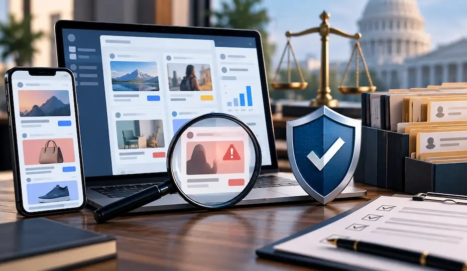 computador e smartphone exibindo cards de anúncios, lupa sobre anúncio com ícone de alerta, escudo com símbolo de verificação e balança ao fundo