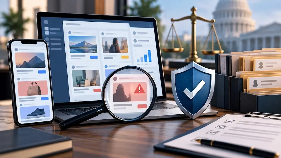 computador e smartphone exibindo cards de anúncios, lupa sobre anúncio com ícone de alerta, escudo com símbolo de verificação e balança ao fundo