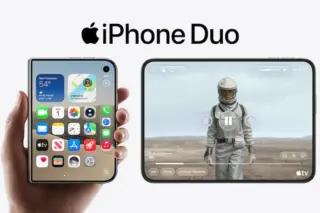 Dois iPhone Duo lado a lado: um fechado em retrato sendo segurado por uma mão com tela inicial; outro aberto em paisagem exibindo vídeo de um astronauta; logotipo Apple e texto 'iPhone Duo' no topo
