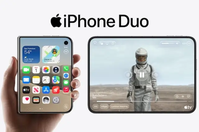 Dois iPhone Duo lado a lado: um fechado em retrato sendo segurado por uma mão com tela inicial; outro aberto em paisagem exibindo vídeo de um astronauta; logotipo Apple e texto 'iPhone Duo' no topo
