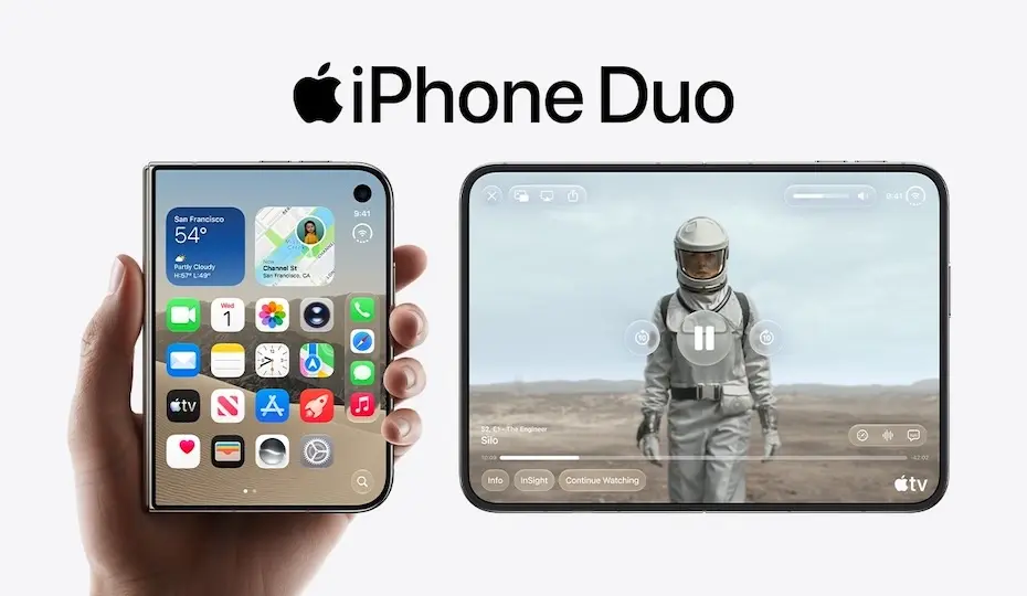 Dois iPhone Duo lado a lado: um fechado em retrato sendo segurado por uma mão com tela inicial; outro aberto em paisagem exibindo vídeo de um astronauta; logotipo Apple e texto 'iPhone Duo' no topo