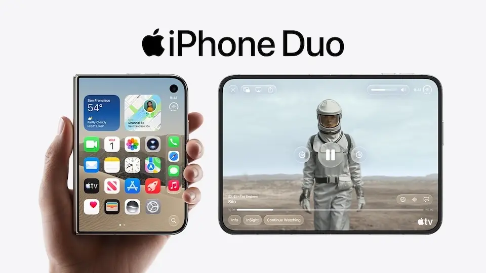 Dois iPhone Duo lado a lado: um fechado em retrato sendo segurado por uma mão com tela inicial; outro aberto em paisagem exibindo vídeo de um astronauta; logotipo Apple e texto 'iPhone Duo' no topo