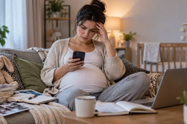 Gestante sentada no sofá olhando preocupada para o celular, com laptop, livros, uma xícara e um berço ao fundo