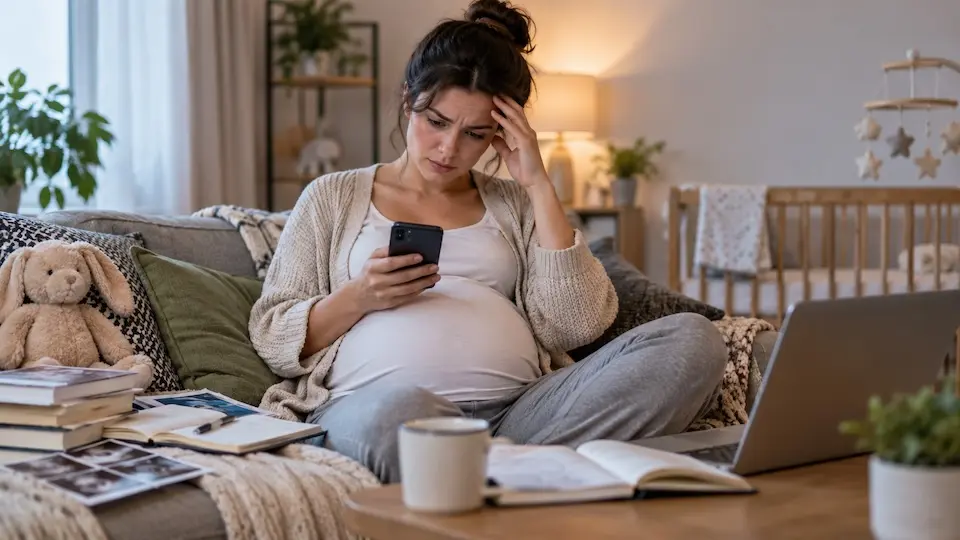 Gestante sentada no sofá olhando preocupada para o celular, com laptop, livros, uma xícara e um berço ao fundo