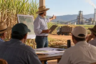 Grupo de agricultores reunidos em reunião ao ar livre; um homem de pé aponta para uma usina e canaviais ao fundo
