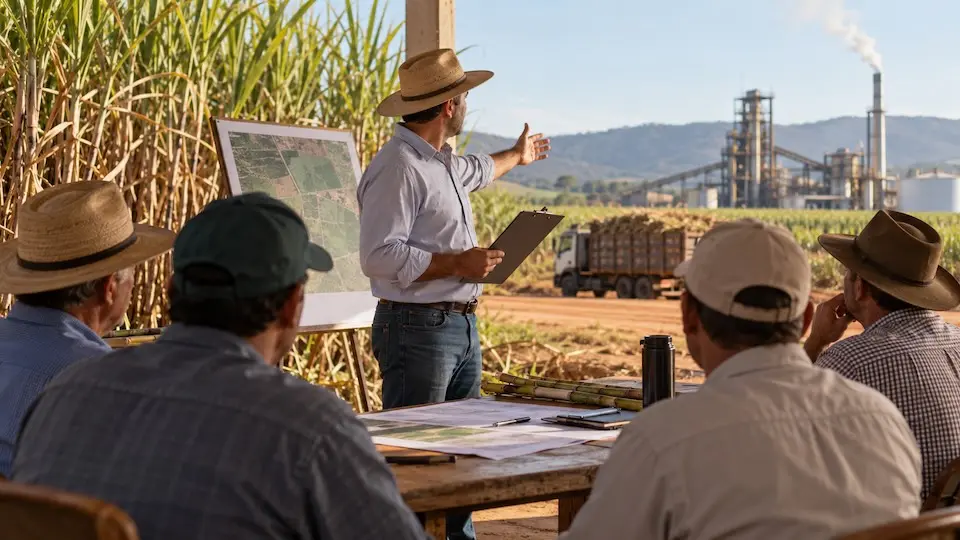 Grupo de agricultores reunidos em reunião ao ar livre; um homem de pé aponta para uma usina e canaviais ao fundo