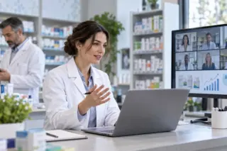 farmacêutica sorrindo em frente a um laptop enquanto participa de videoconferência exibida em monitor, com prateleiras de medicamentos ao fundo