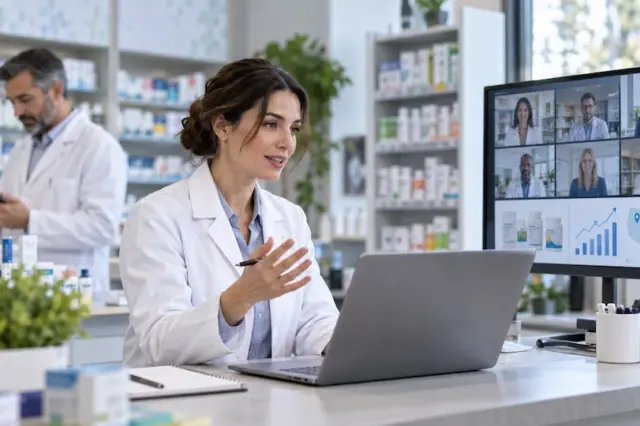 farmacêutica sorrindo em frente a um laptop enquanto participa de videoconferência exibida em monitor, com prateleiras de medicamentos ao fundo