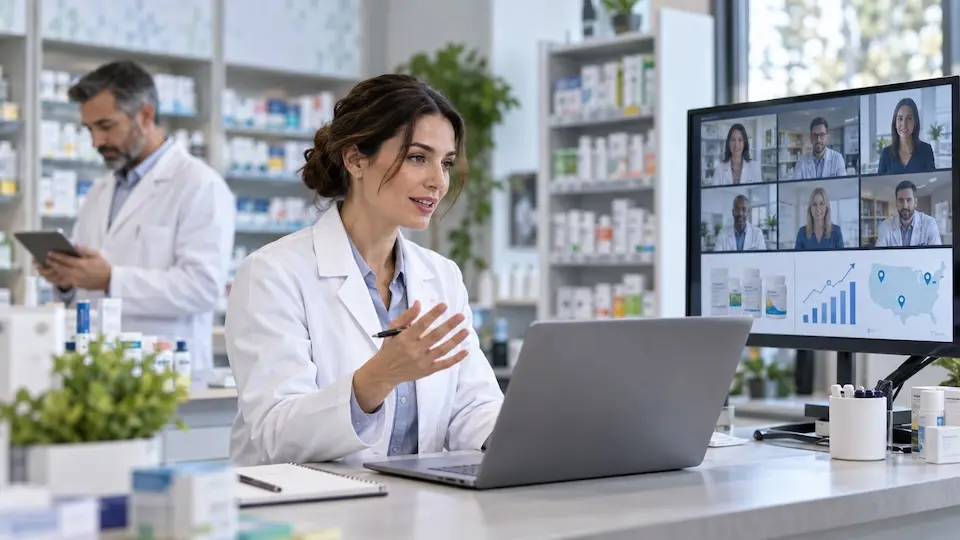 farmacêutica sorrindo em frente a um laptop enquanto participa de videoconferência exibida em monitor, com prateleiras de medicamentos ao fundo
