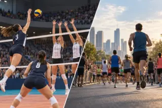Montagem dividida mostrando, à esquerda, jogadoras de vôlei femininas em quadra atacando e bloqueando diante de arquibancada cheia; à direita, um grupo de corredores de rua vistos por trás correndo em via urbana com prédios ao fundo