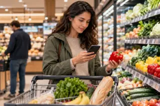 Mulher olhando para o celular enquanto segura um pimentão vermelho em um supermercado, com carrinho cheio e gôndola de hortifrúti ao lado