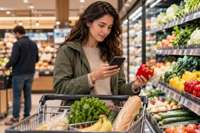 Mulher olhando para o celular enquanto segura um pimentão vermelho em um supermercado, com carrinho cheio e gôndola de hortifrúti ao lado