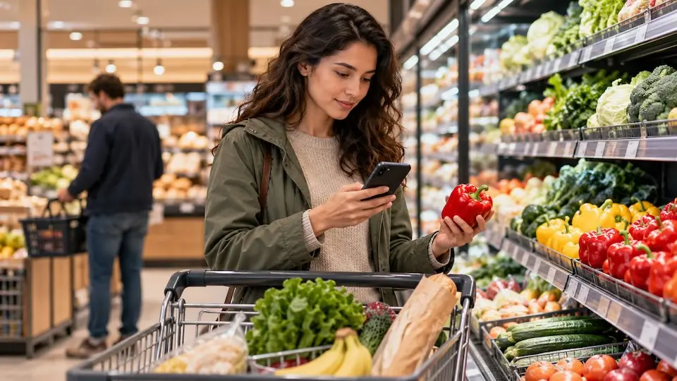 Mulher olhando para o celular enquanto segura um pimentão vermelho em um supermercado, com carrinho cheio e gôndola de hortifrúti ao lado