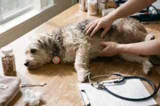 Cachorro de pelo médio deitado sobre uma mesa de madeira enquanto mãos de uma pessoa o examinam; há estetoscópio, prancheta com formulário, algodões e frascos de remédio na mesa