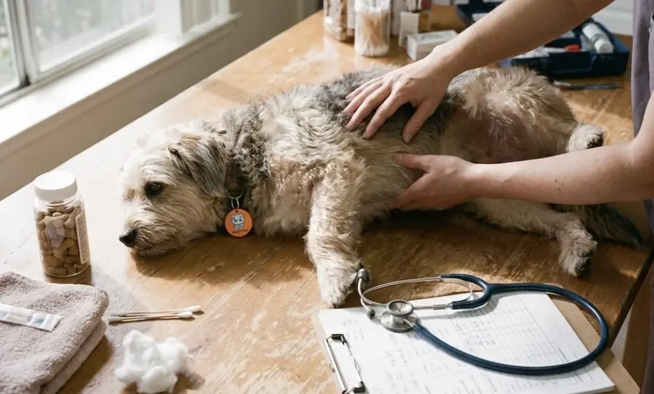 Cachorro de pelo médio deitado sobre uma mesa de madeira enquanto mãos de uma pessoa o examinam; há estetoscópio, prancheta com formulário, algodões e frascos de remédio na mesa