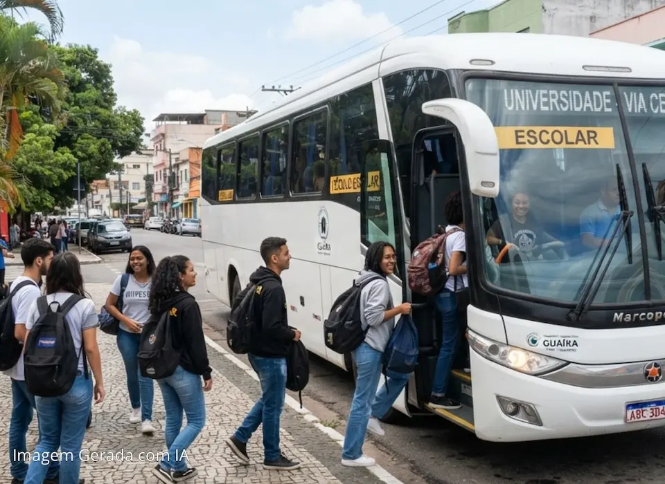 Estudantes embarcando em ônibus escolar utilizado para transporte universitário em Guaíra