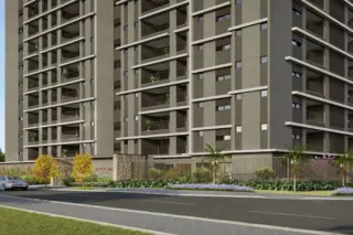 Fachada de prédio residencial moderno com varandas, muro de fechamento, paisagismo e carro na rua