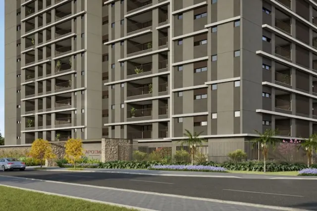 Fachada de prédio residencial moderno com varandas, muro de fechamento, paisagismo e carro na rua