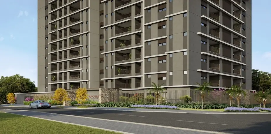 Fachada de prédio residencial moderno com varandas, muro de fechamento, paisagismo e carro na rua