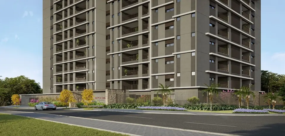 Fachada de prédio residencial moderno com varandas, muro de fechamento, paisagismo e carro na rua