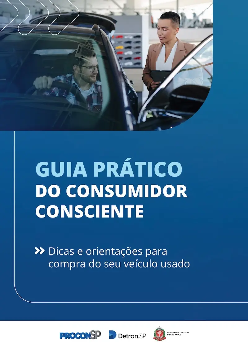 capa azul com o texto 'GUIA PRÁTICO DO CONSUMIDOR CONSCIENTE' e subtítulo sobre compra de veículo usado