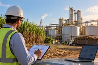 Técnico com capacete branco e colete amarelo segurando um clipboard com gráficos, com canavial, caminhão carregado e tanques industriais ao fundo