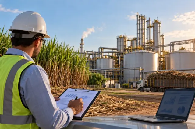 Técnico com capacete branco e colete amarelo segurando um clipboard com gráficos, com canavial, caminhão carregado e tanques industriais ao fundo