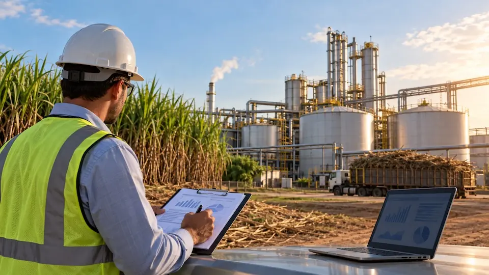 Técnico com capacete branco e colete amarelo segurando um clipboard com gráficos, com canavial, caminhão carregado e tanques industriais ao fundo