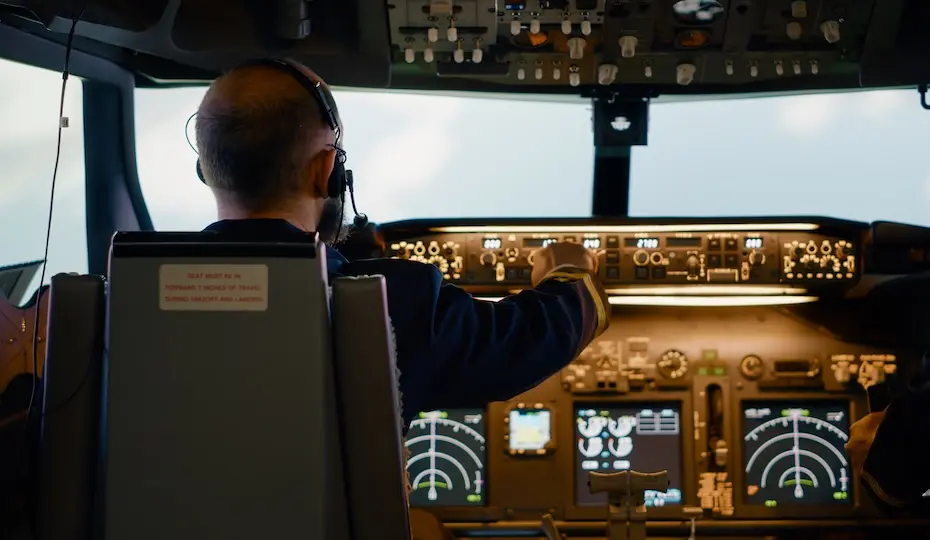Piloto com headset visto de costas no cockpit de uma aeronave, com painel de instrumentos iluminado