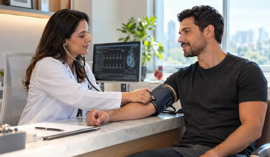 médica medindo pressão arterial de homem sentado em consultório, monitor com traçados cardíacos ao fundo