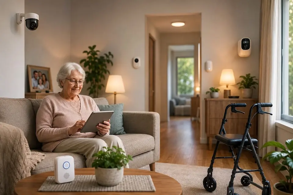 Idosa em residência adaptada com recursos tecnológicos voltados à segurança e autonomia