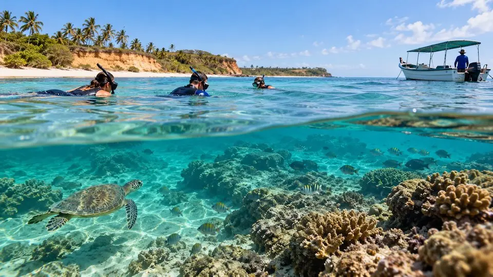 Snorkelers na superfície do mar próximos a um barco, com recife de corais, peixes e uma tartaruga marinha visíveis abaixo da água e praia com coqueiros ao fundo