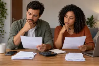 Casal sentado à mesa analisando papéis e contas com uma calculadora e laptop