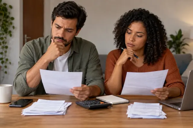 Casal sentado à mesa analisando papéis e contas com uma calculadora e laptop