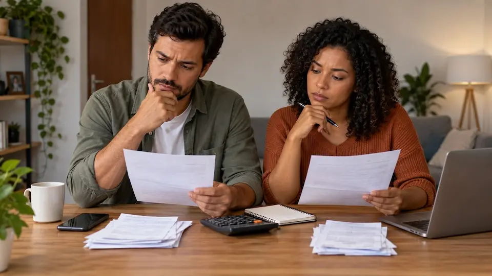Casal sentado à mesa analisando papéis e contas com uma calculadora e laptop