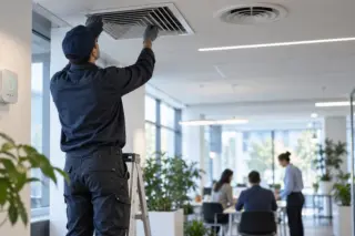 Pessoa em escada ajusta grade de ventilação no teto de um escritório, com plantas e colegas reunidos ao fundo