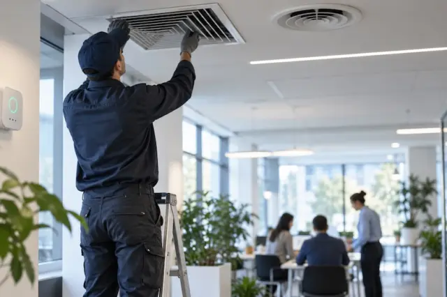 Pessoa em escada ajusta grade de ventilação no teto de um escritório, com plantas e colegas reunidos ao fundo